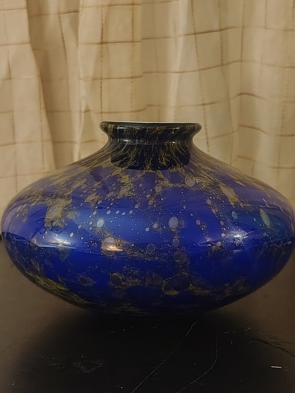 Divine Vintage Murano Cobalt Blue Gold Aventurine Glass Squat Vase Italian MCM
